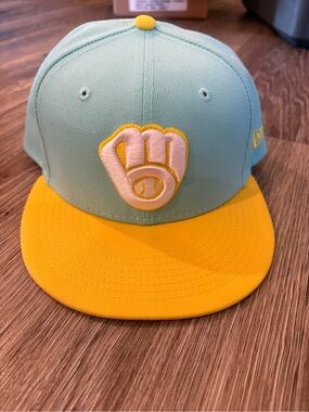 Milwaukee Brewers Two-Tone Baseball Cap in Aqua and Yellow
